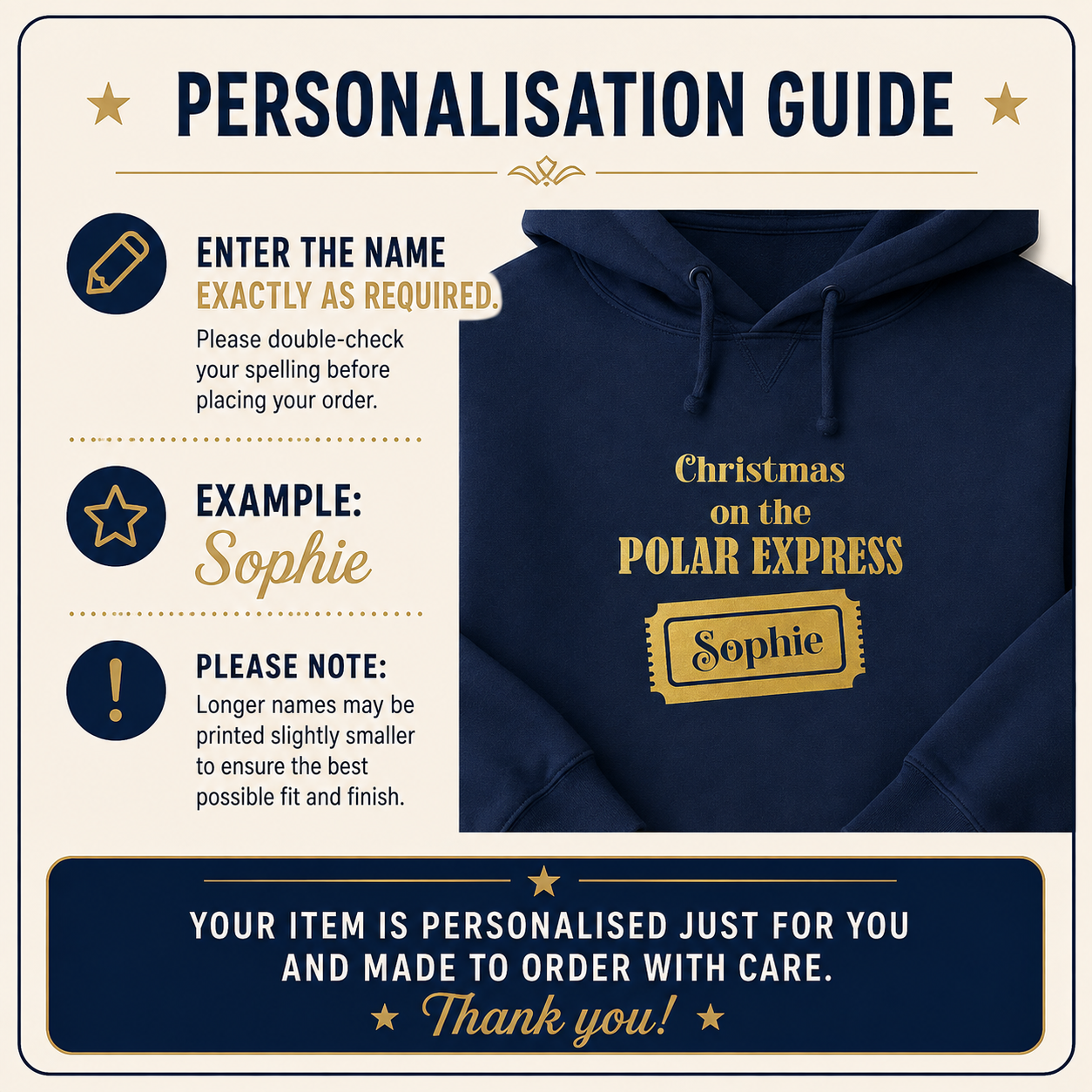 Personalised Polar Express Hoodie | Matching Family Christmas Hoodies | Gold Ticket Name Design | Kids & Adults