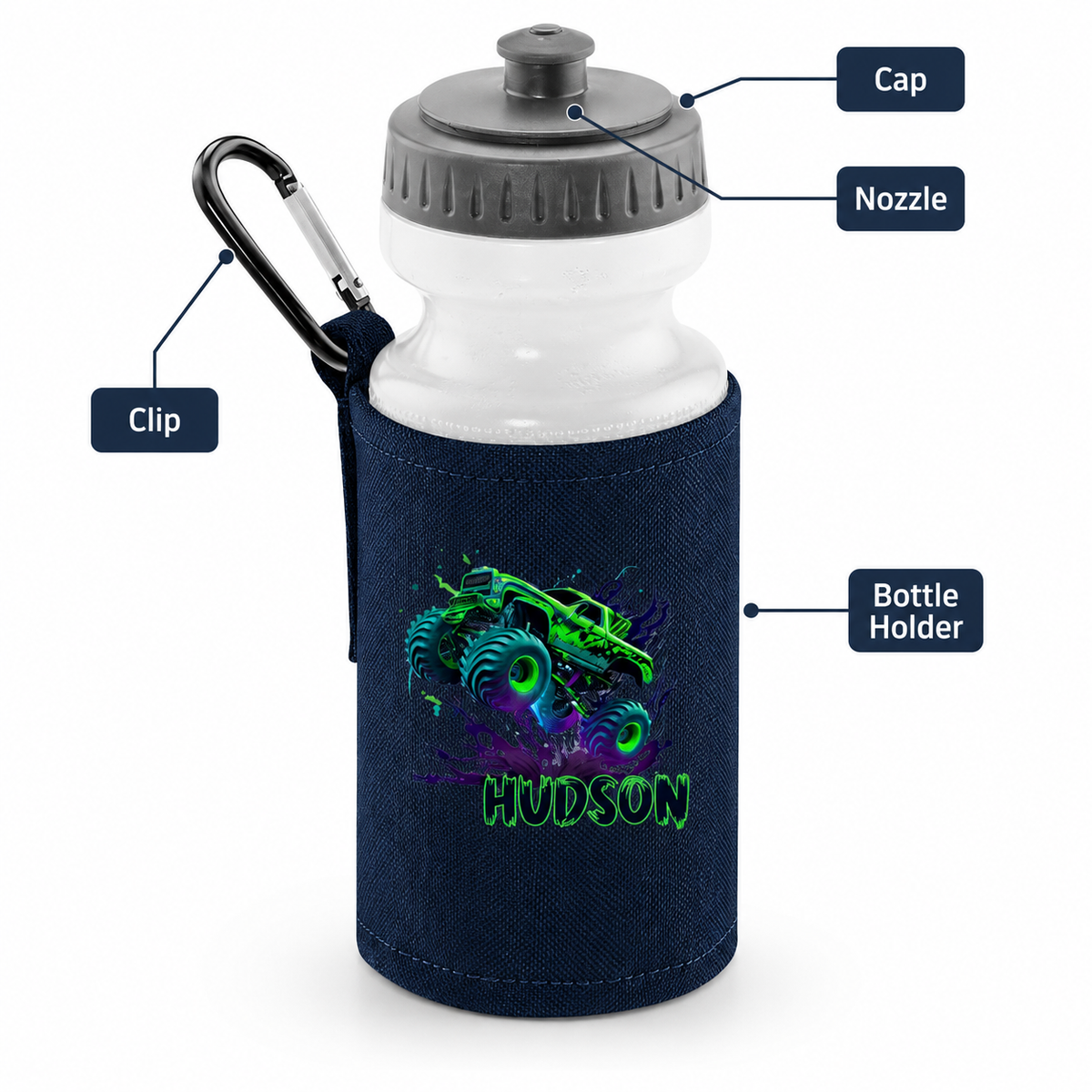 PERSONALISED: your name mini backpack back pack, lunch bag box and water bottle school set gym pe nursery bag Monster Truck