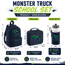 Load image into Gallery viewer, PERSONALISED: your name mini backpack back pack, lunch bag box and water bottle school set gym pe nursery bag Monster Truck