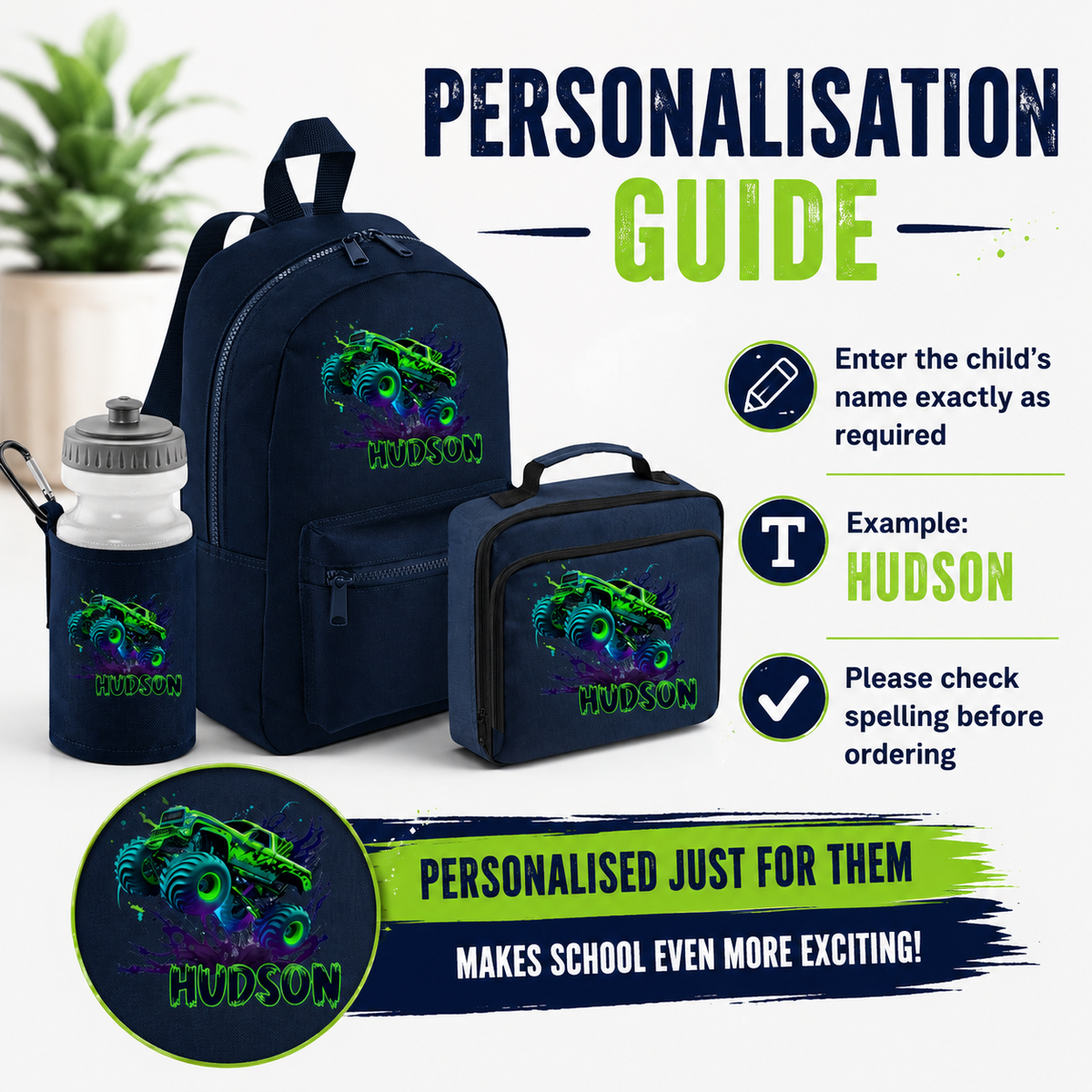 PERSONALISED: your name mini backpack back pack, lunch bag box and water bottle school set gym pe nursery bag Monster Truck