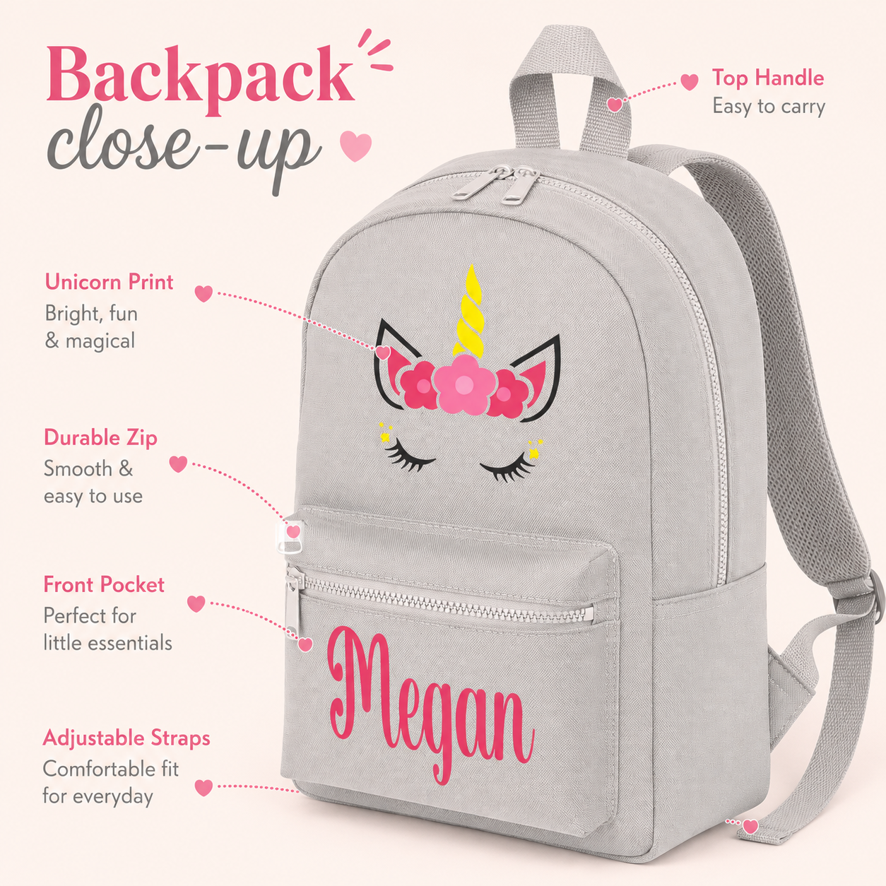 Personalised Unicorn School Set, Girls Backpack Lunch Bag and Water Bottle, Named Nursery Bag Set