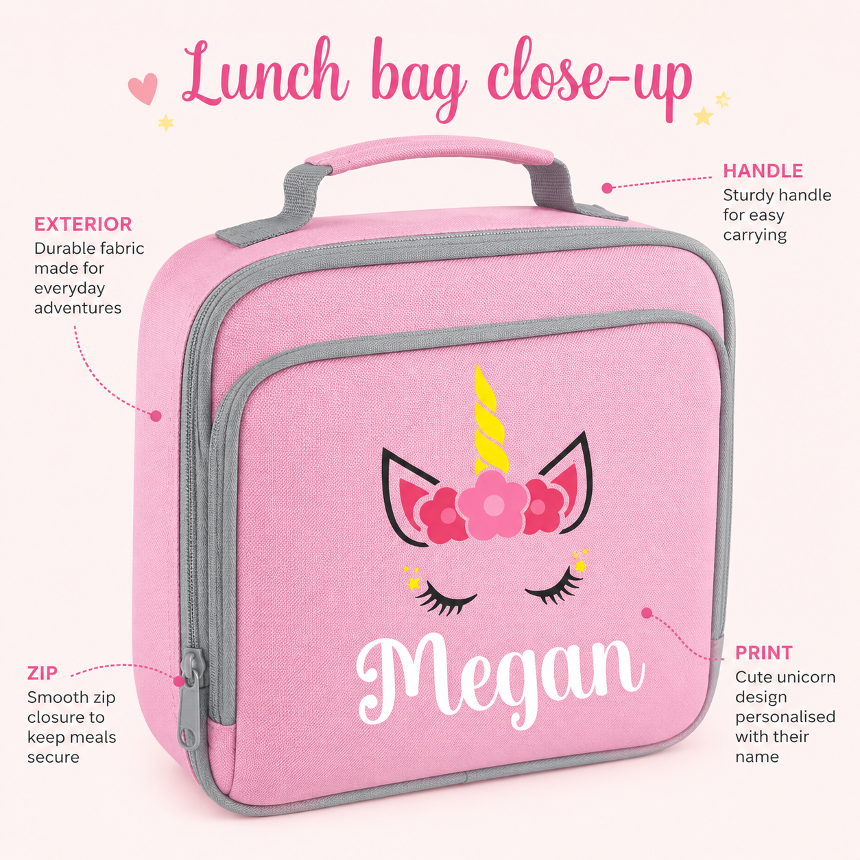 Personalised Unicorn School Set, Girls Backpack Lunch Bag and Water Bottle, Named Nursery Bag Set