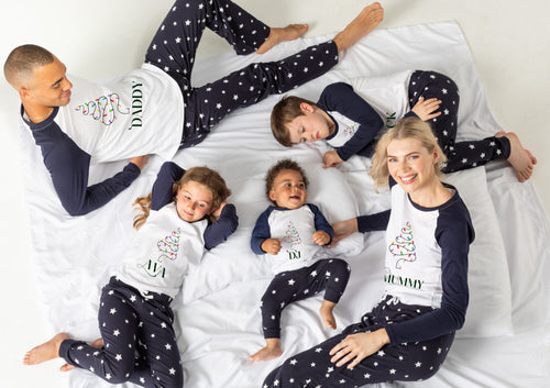 Personalised family matching xmas pjs pyjamas festive - your name Christmas tree lights - navy stars, long sleeves, your name