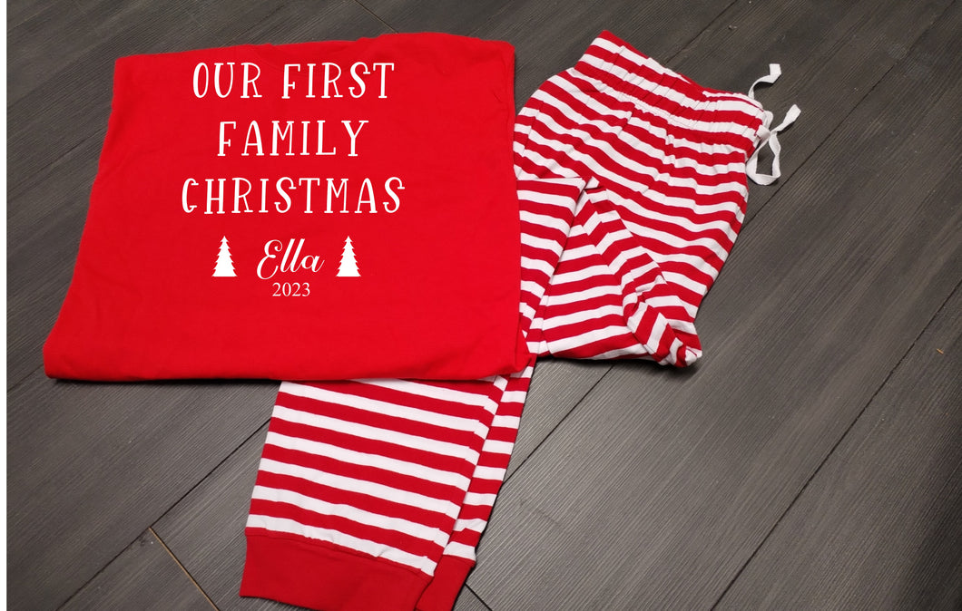 Personalised family matching xmas pjs pyjamas festive - our first 1st family Christmas - red stripes, short sleeves, your name and year