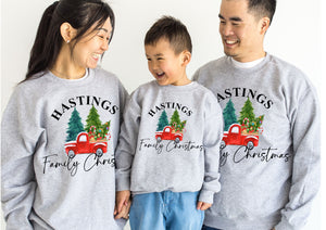 Personalised family matching xmas sweaters sweatshirts jumpers festive - YOUR SURNAME family Christmas truck car trees design