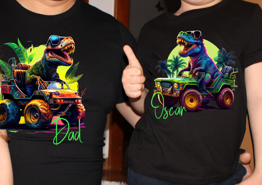 Personalised Dino/Dinosaur Monster Trucks - Dad and kids your name twinning Father's Day tee set