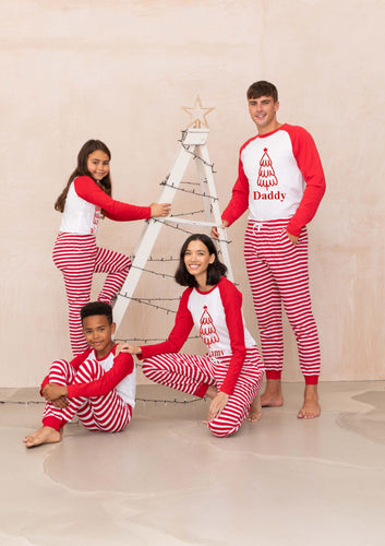 Personalised family matching xmas pjs pyjamas festive - your name GLITTER tree design - red stripes, long sleeves, your name