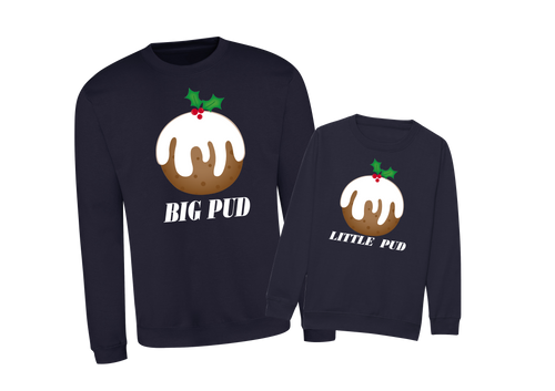 Family matching xmas sweaters sweatshirts jumpers festive - big pud little pud - navy