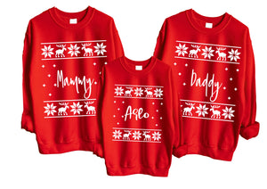 Personalised family matching xmas sweaters sweatshirts jumpers festive - YOUR name family Christmas jumper style design - red