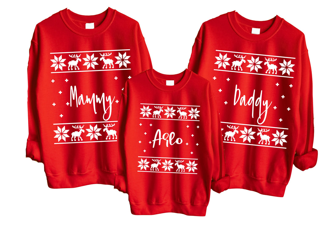 Personalised family matching xmas sweaters sweatshirts jumpers festive - YOUR name family Christmas jumper style design - red