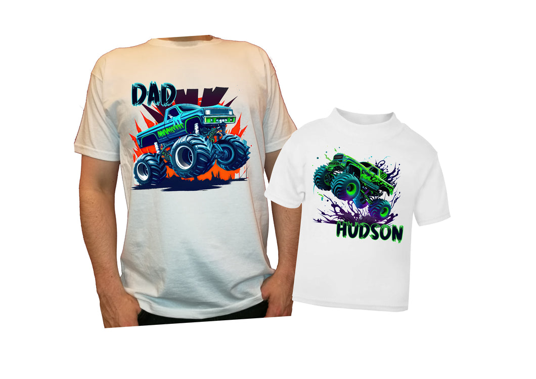 Personalised Monster Trucks - Dad and kids your name twinning Father's Day tee set
