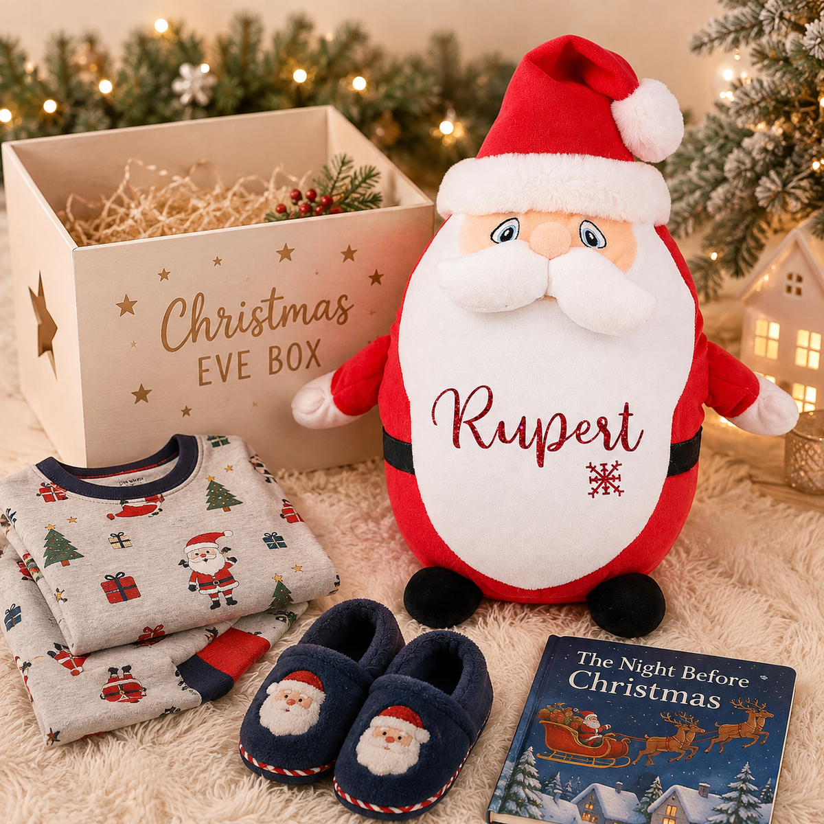 Personalised Santa Pyjama Case, 35cm Teddy with Red Glitter Name
