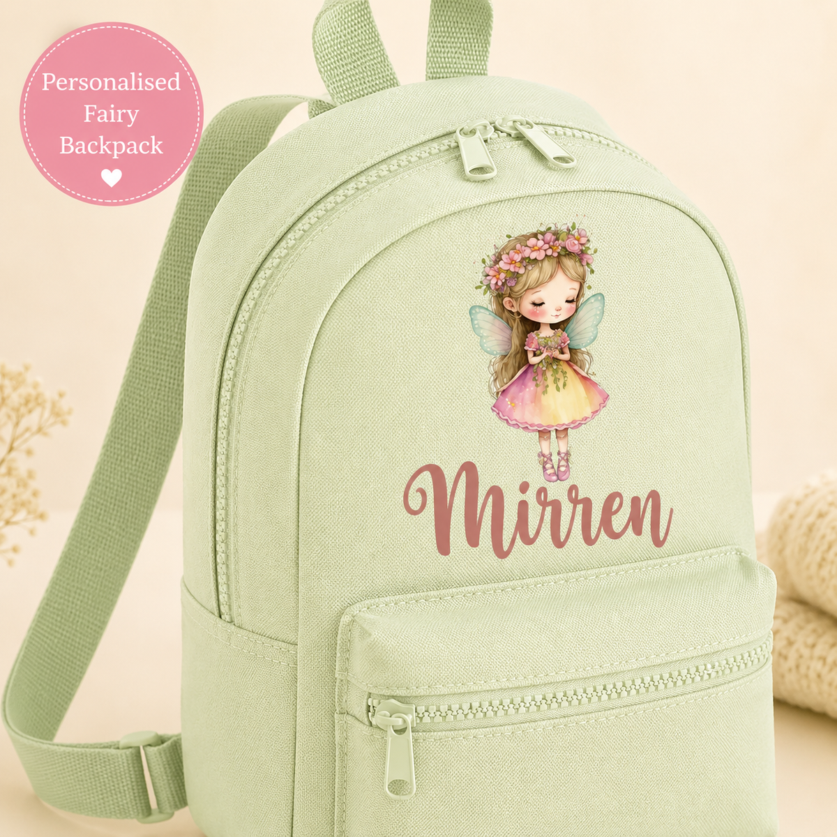 Personalised Fairy Mini Backpack, Custom Name Nursery Rucksack for Girls