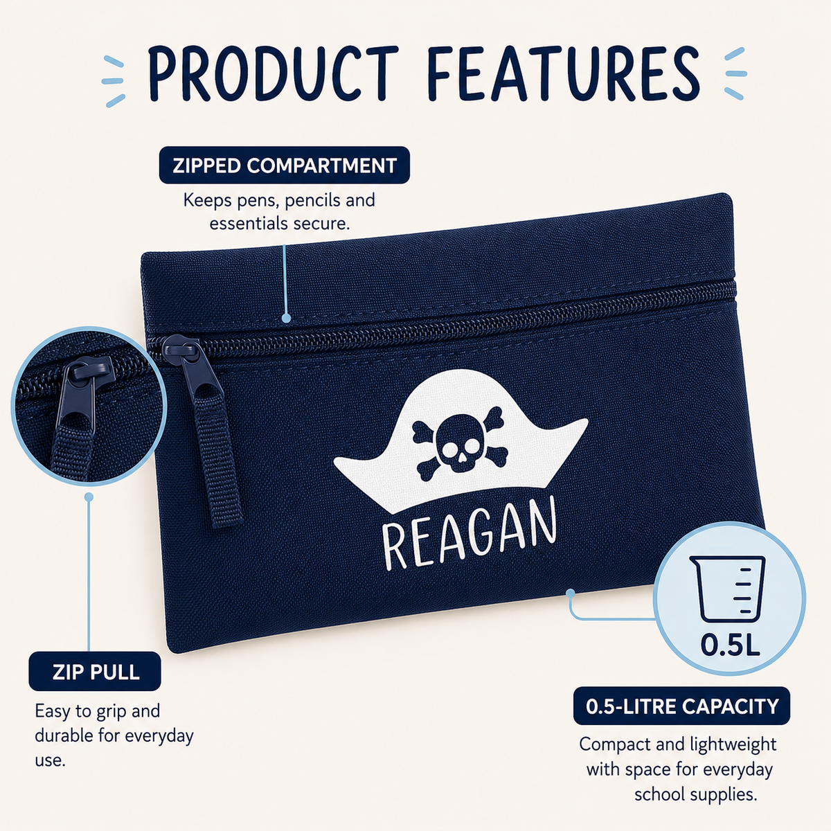 Personalised Pirate Pencil Case – Custom Name Kids’ School Stationery Pouch