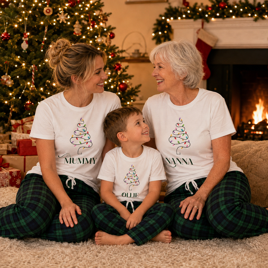 Personalised Matching Family Christmas Pyjamas – Tree Lights & Green Tartan