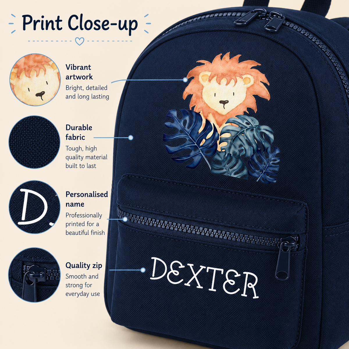 Personalised Lion Mini Backpack – Custom Name Kids’ Safari Nursery Rucksack, 7L