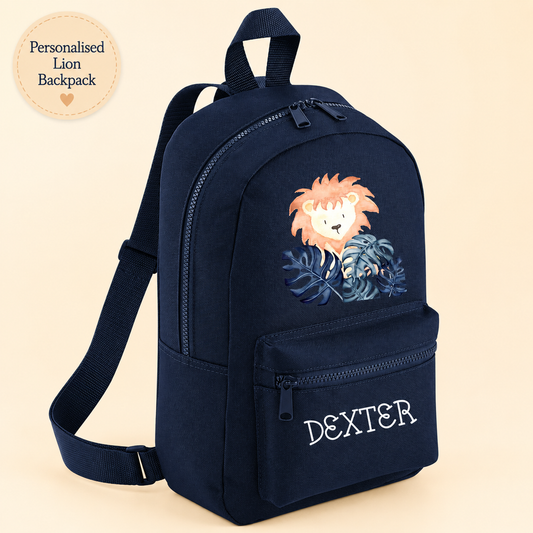 Personalised Lion Mini Backpack – Custom Name Kids’ Safari Nursery Rucksack, 7L