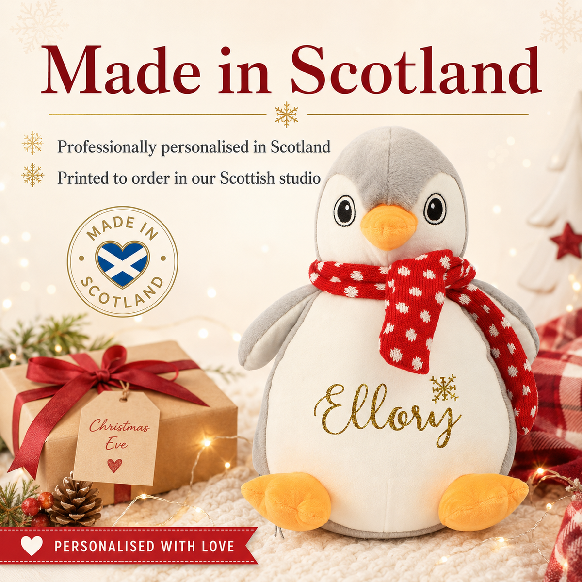 Personalised Penguin Pyjama Case, 40cm Christmas Teddy with Gold Glitter Name