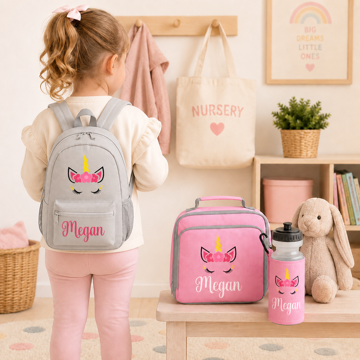 Personalised Unicorn School Set, Girls Backpack Lunch Bag and Water Bottle, Named Nursery Bag Set