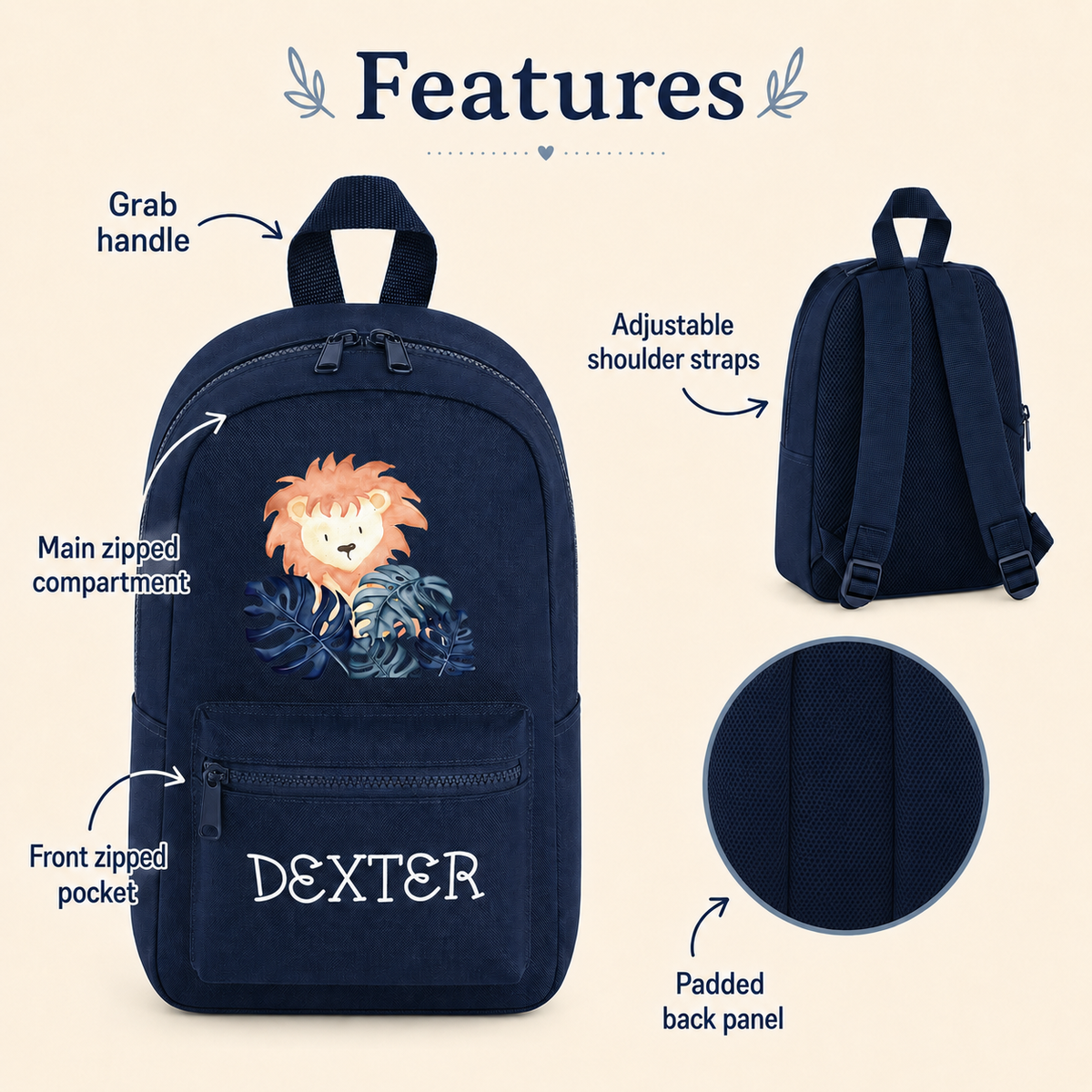 Personalised Lion Mini Backpack – Custom Name Kids’ Safari Nursery Rucksack, 7L