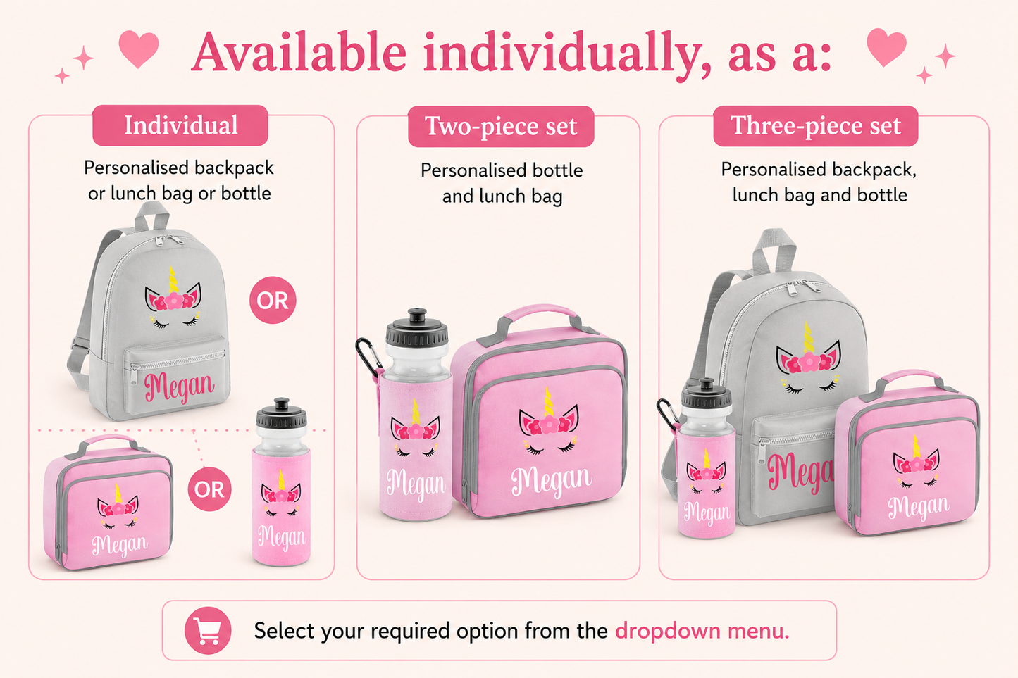Personalised Unicorn School Set, Girls Backpack Lunch Bag and Water Bottle, Named Nursery Bag Set