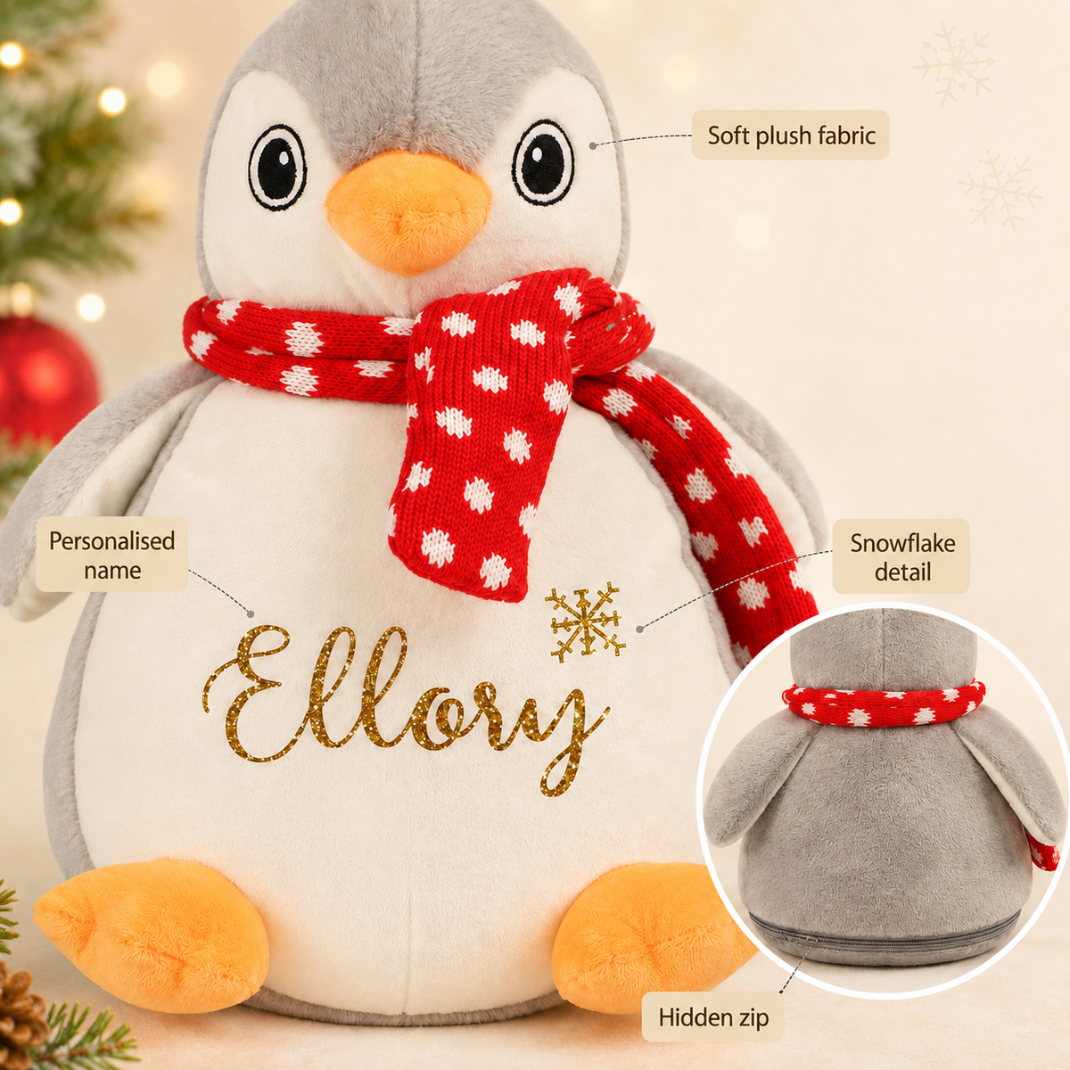 Personalised Penguin Pyjama Case, 40cm Christmas Teddy with Gold Glitter Name