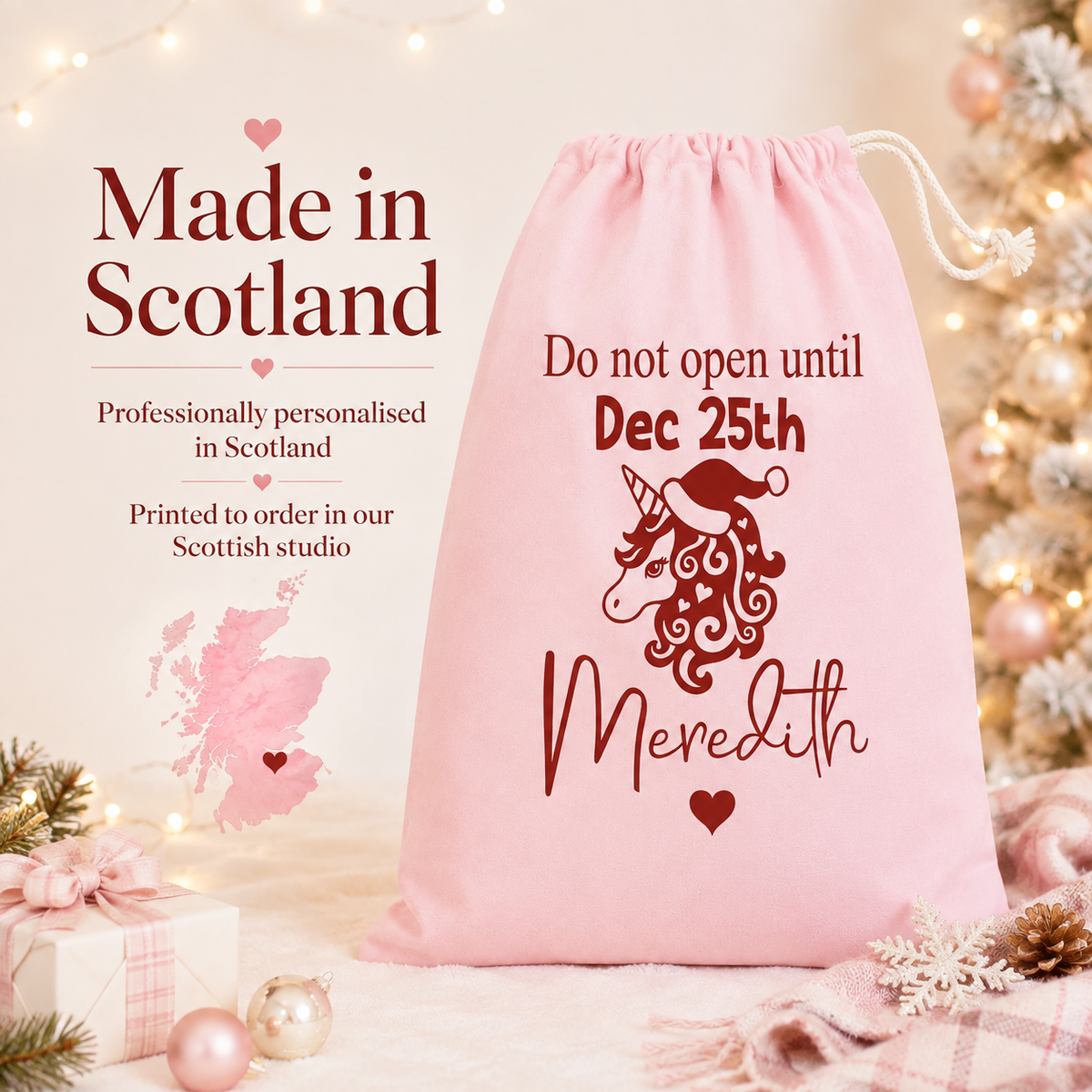 Personalised Pink Unicorn Santa Sack, XL 49 × 75cm Christmas Gift Bag