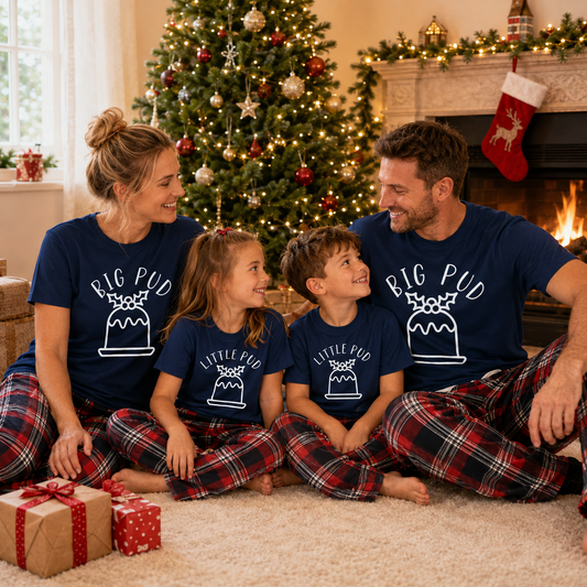 Big Pud & Little Pud Matching Family Christmas Pyjamas – Navy Tartan