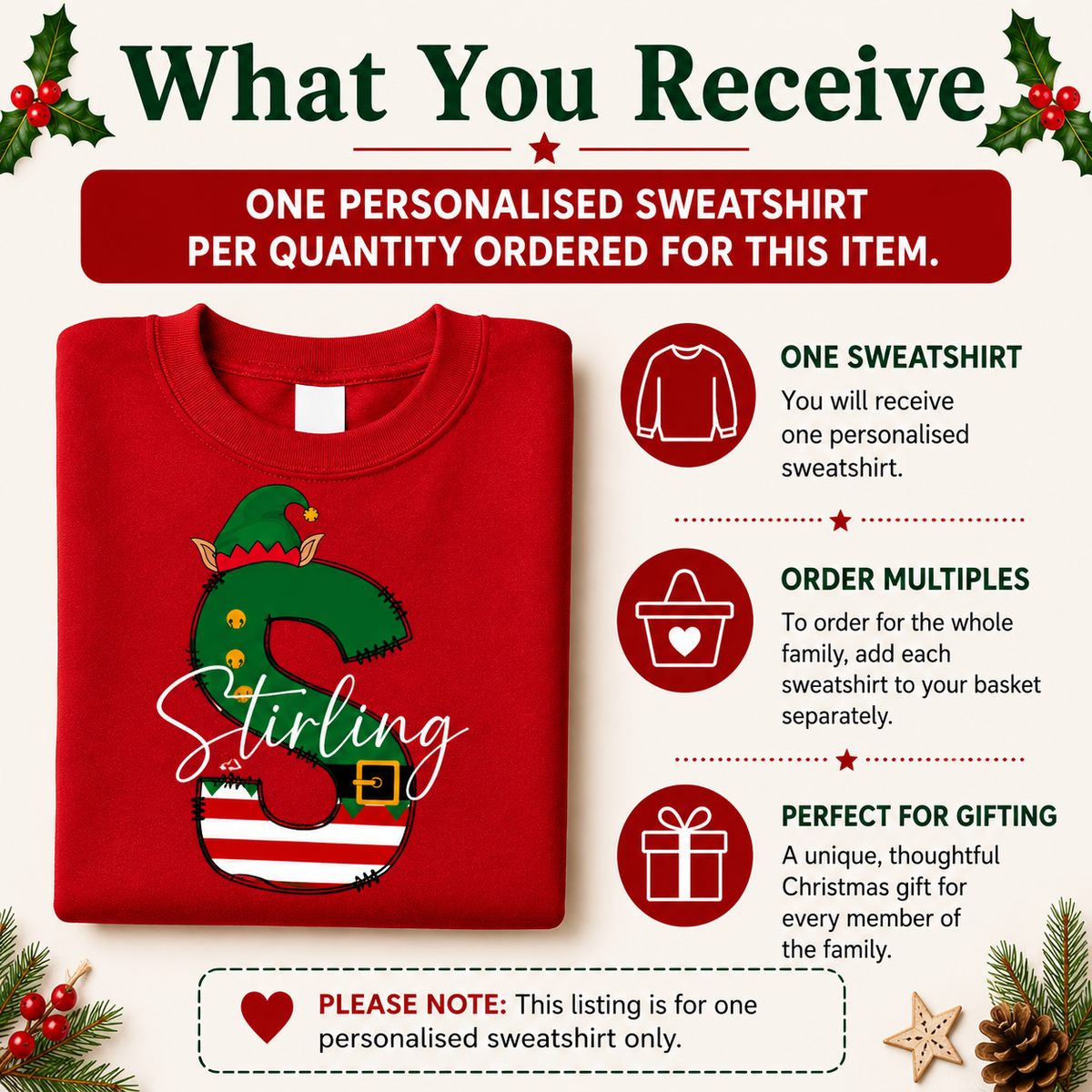 Personalised family matching xmas sweaters sweatshirts jumpers festive - YOUR name elf initial design - red