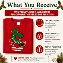 Load image into Gallery viewer, Personalised family matching xmas sweaters sweatshirts jumpers festive - YOUR name elf initial design - red