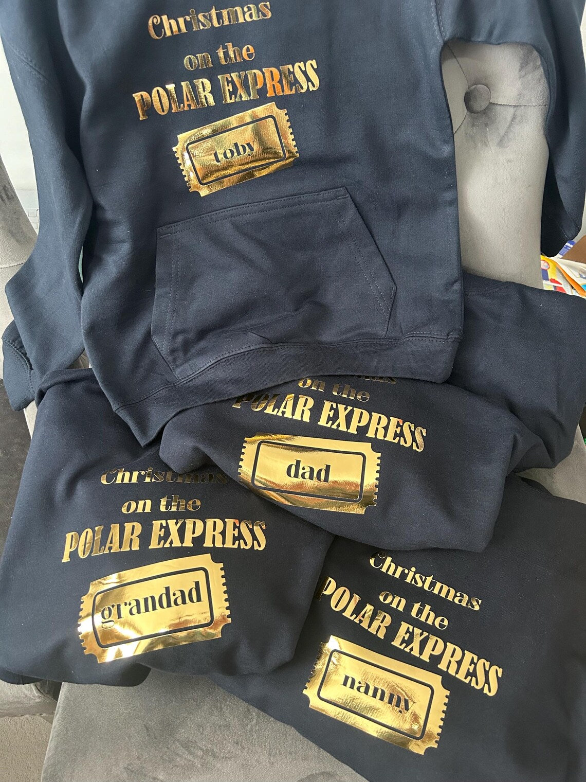 Personalised Polar Express Hoodie | Matching Family Christmas Hoodies | Gold Ticket Name Design | Kids & Adults
