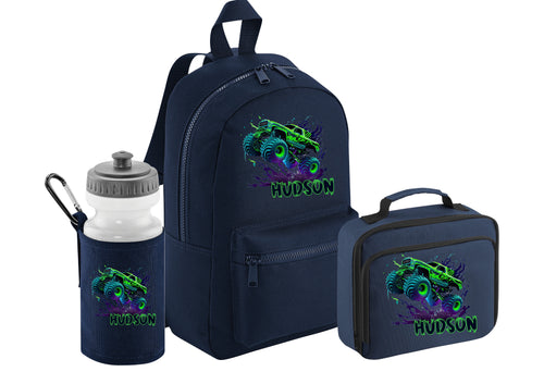 PERSONALISED: your name mini backpack back pack, lunch bag box and water bottle school set gym pe nursery bag Monster Truck