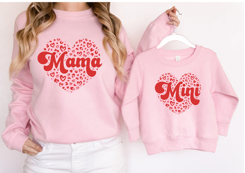 Mama and Mini matching pink sweaters sweatshirts jumpers - mother's day gift - kids and adult sizes - leopard print hearts