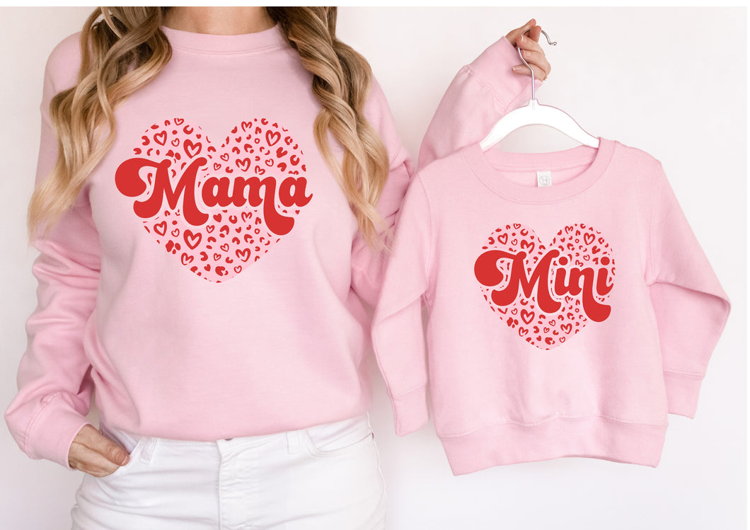 Mama and Mini matching pink sweaters sweatshirts jumpers - mother's day gift - kids and adult sizes - leopard print hearts