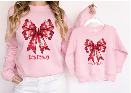 Personalised: Mama, Mummy, & Kids matching pink sweaters sweatshirts jumpers - mother's day gift - kids and adult sizes - coquette red bow