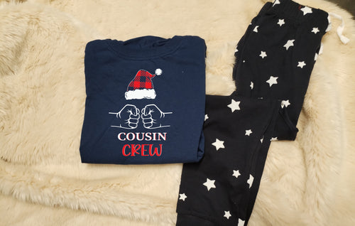 Cousin Crew family matching xmas pjs pyjamas festive - Santa hat design fist bump- navy stars, short sleeves