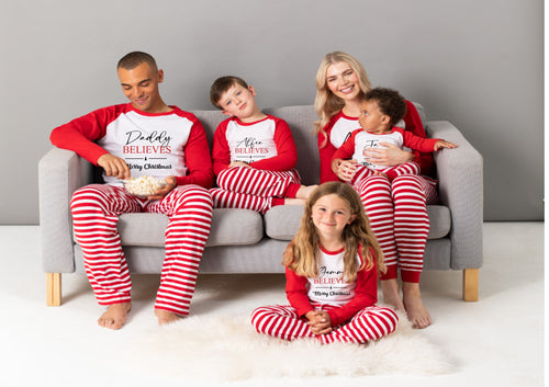 ocal taxes included (where applicable), plus postage Personalised family matching xmas pjs pyjamas festive - your name believes GLITTER design - red stripes, long sleeves, your name