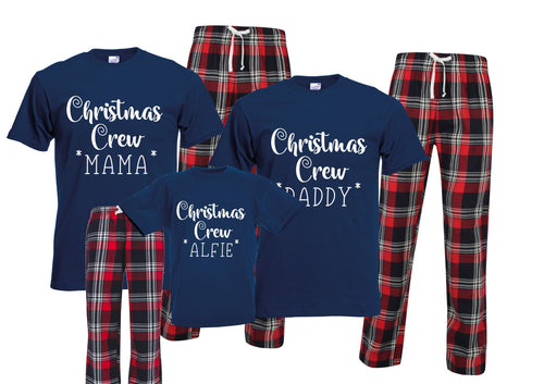 Personalised Christmas family matching xmas pjs pyjamas festive red navy tartan check plaid short sleeves long bottoms - Christmas crew - your name