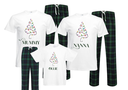 Personalised Christmas tree lights family matching xmas pjs pyjamas festive - green navy tartan check plaid short sleeves long bottoms