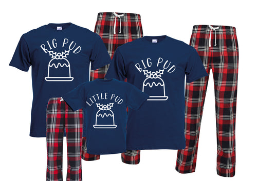 Christmas family matching xmas pjs pyjamas festive red navy tartan check plaid short sleeves long bottoms - big pud little pud xmas pudding