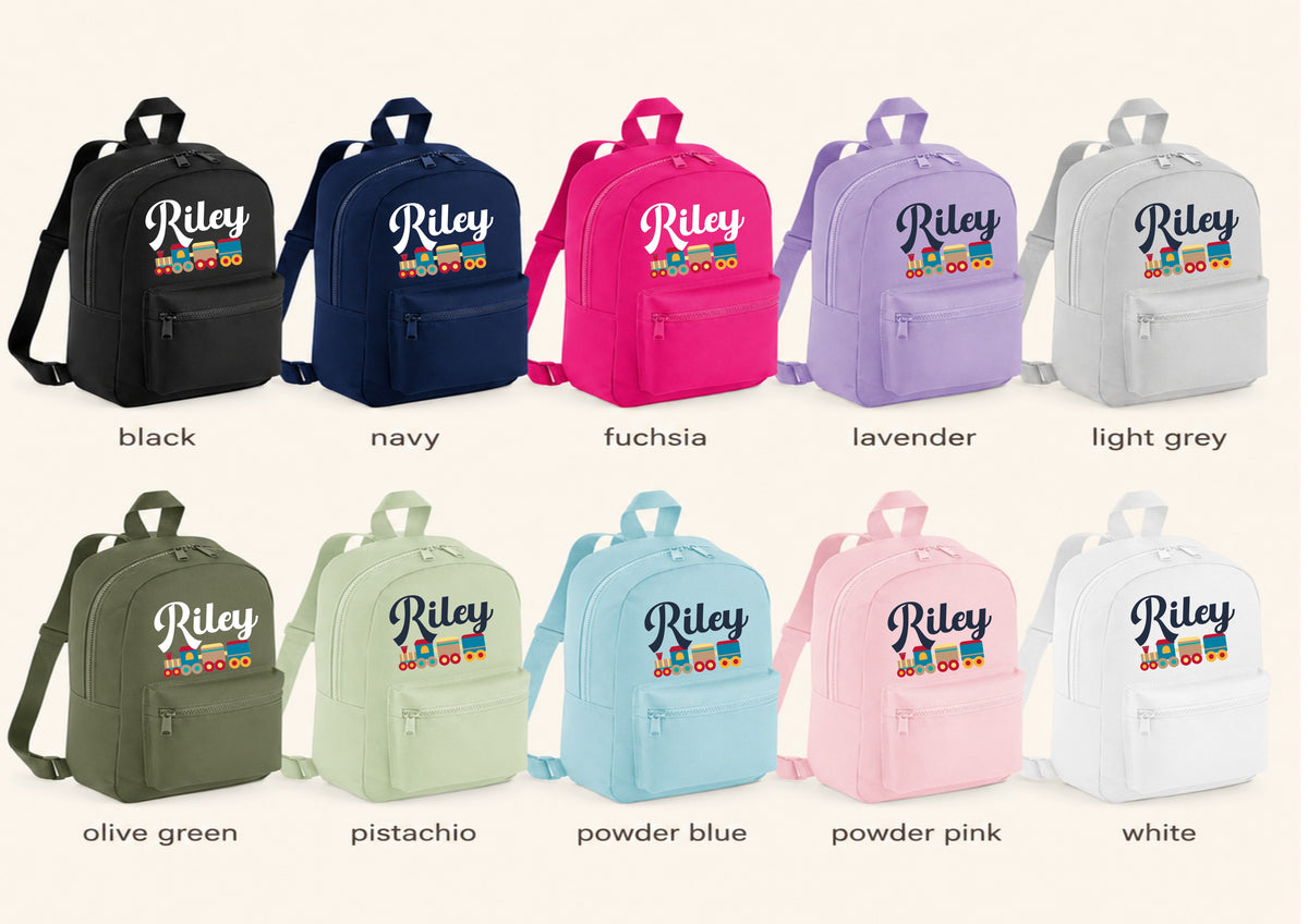 Personalised Train Mini Backpack – Custom Name Kids’ Nursery Rucksack, 7L