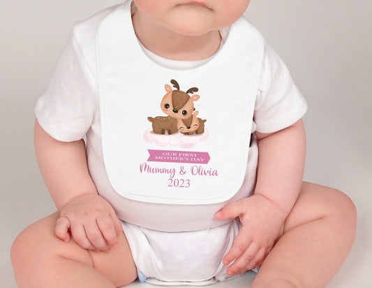 PERSONALISED: Our first 1st Mother's Day printed bib - pink deer design