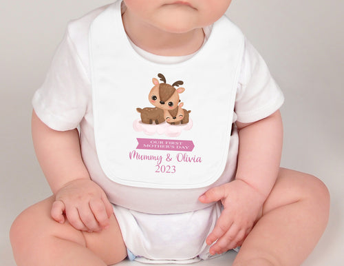 PERSONALISED: Our first 1st Mother's Day printed bib - pink deer design