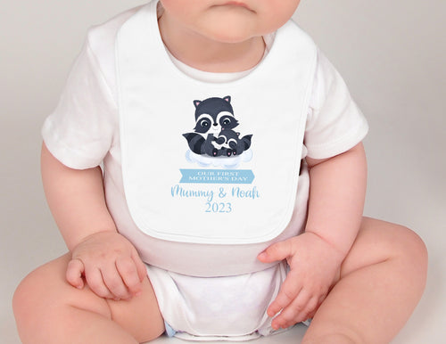 Copy of PERSONALISED: Our first 1st Mother's Day printed bib - blue raccoon design