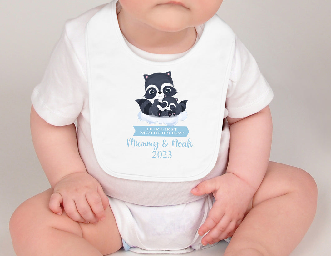 Copy of PERSONALISED: Our first 1st Mother's Day printed bib - blue raccoon design