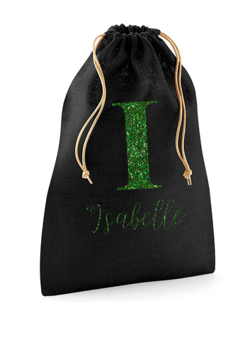 Personalised JUTE santa sack - GLITTER name and initial (black)