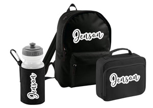 Personalised school set - rucksack, lunch bag and water bottle with carrier - BLACK