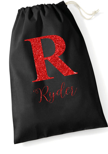 Personalised BLACK santa sack - GLITTER name & initial - family set matching twinning