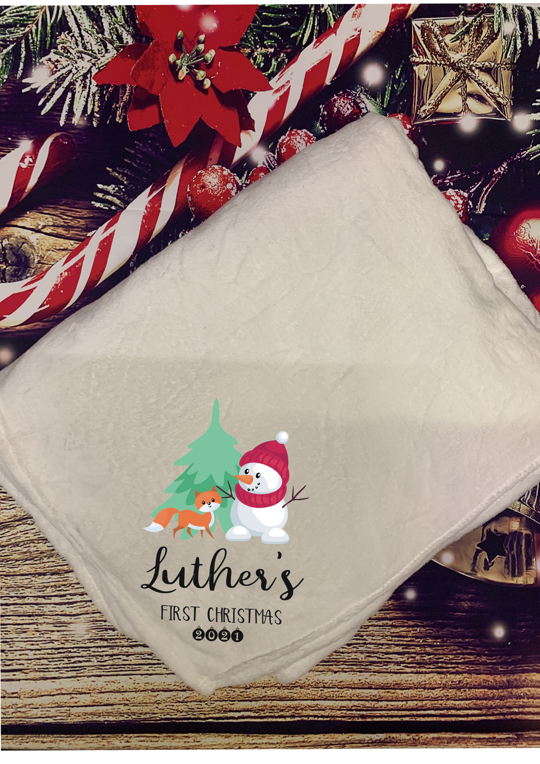 Personalised (Your name's) first Christmas (your year) snuggle blanket - white