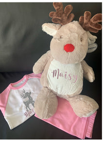 Personalised GLITTER Christmas Eve pyjamas and matching teddy/pj case set - REINDEER